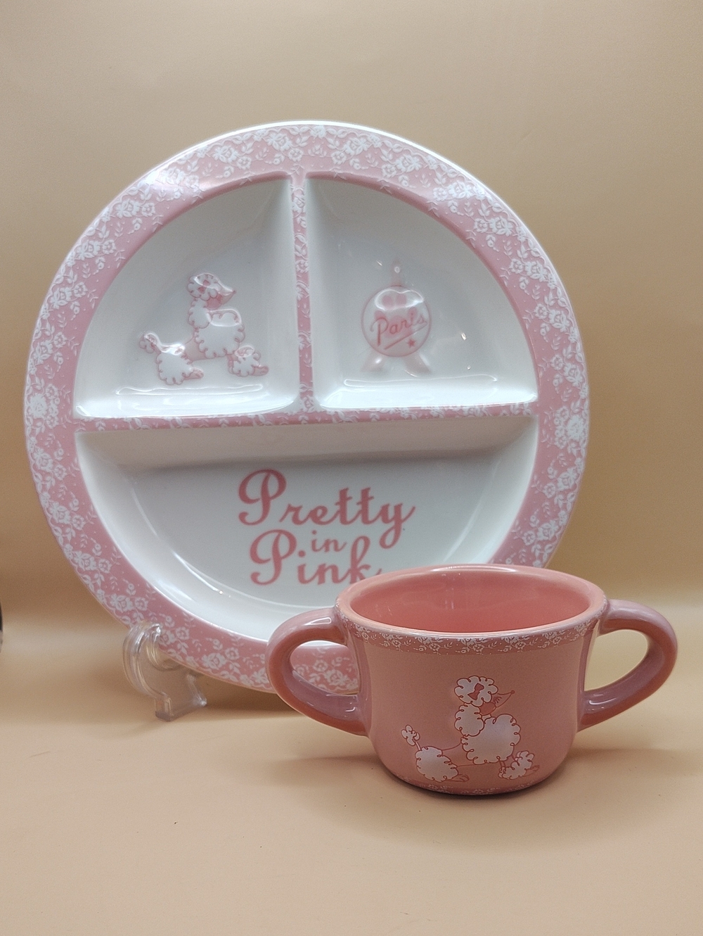 Pretty in Pink Divided Plate Mug Cup Child's Set Poodle, Sur La Table